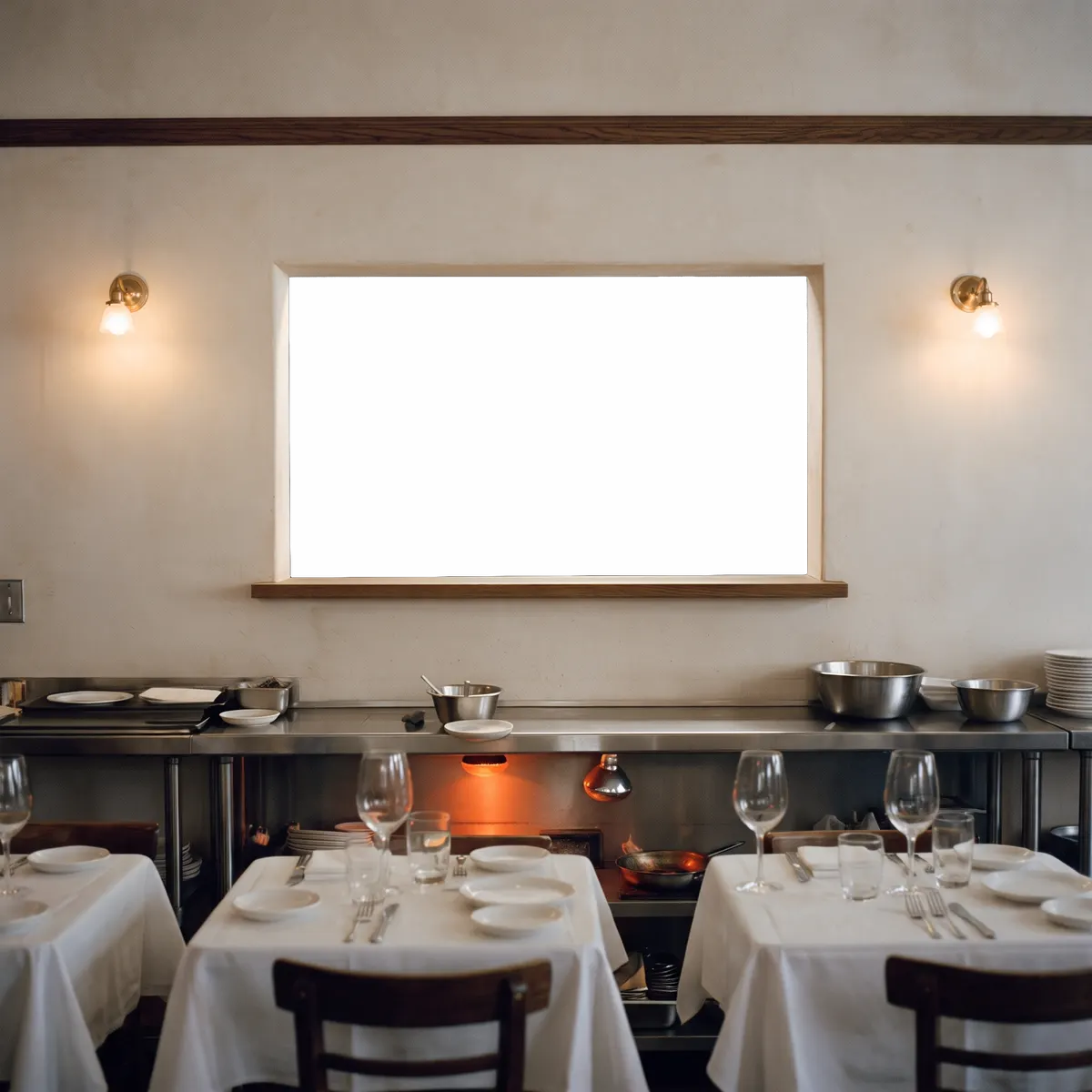 The dining room wall with the pass window into the kitchen.